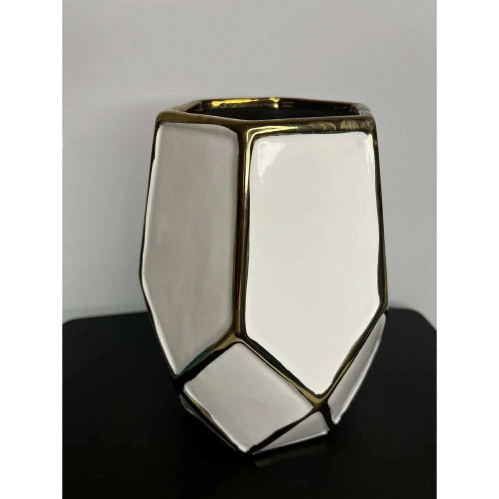Large Ceramic Vase White Gold‎ Accent Elegant Home Decor